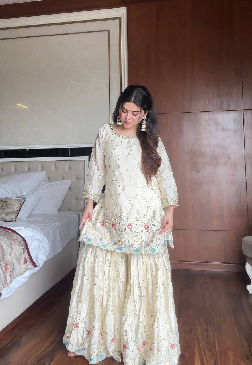 Elegant Cream Embroidered Sharara Set with Sky Blue Dupatta