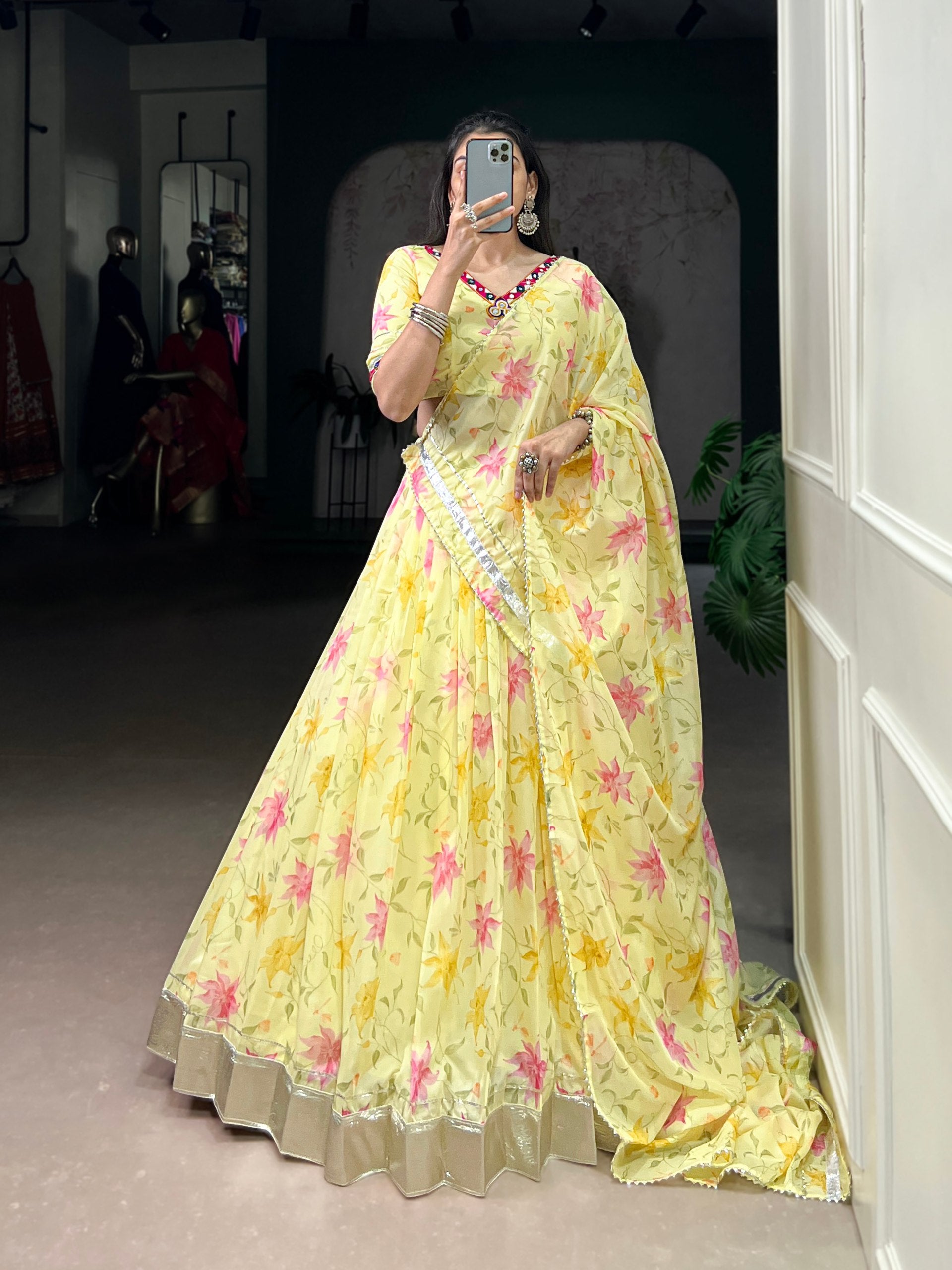 Trendy Peach Floral Lehenga Choli with Dupatta For Traditional Outfit