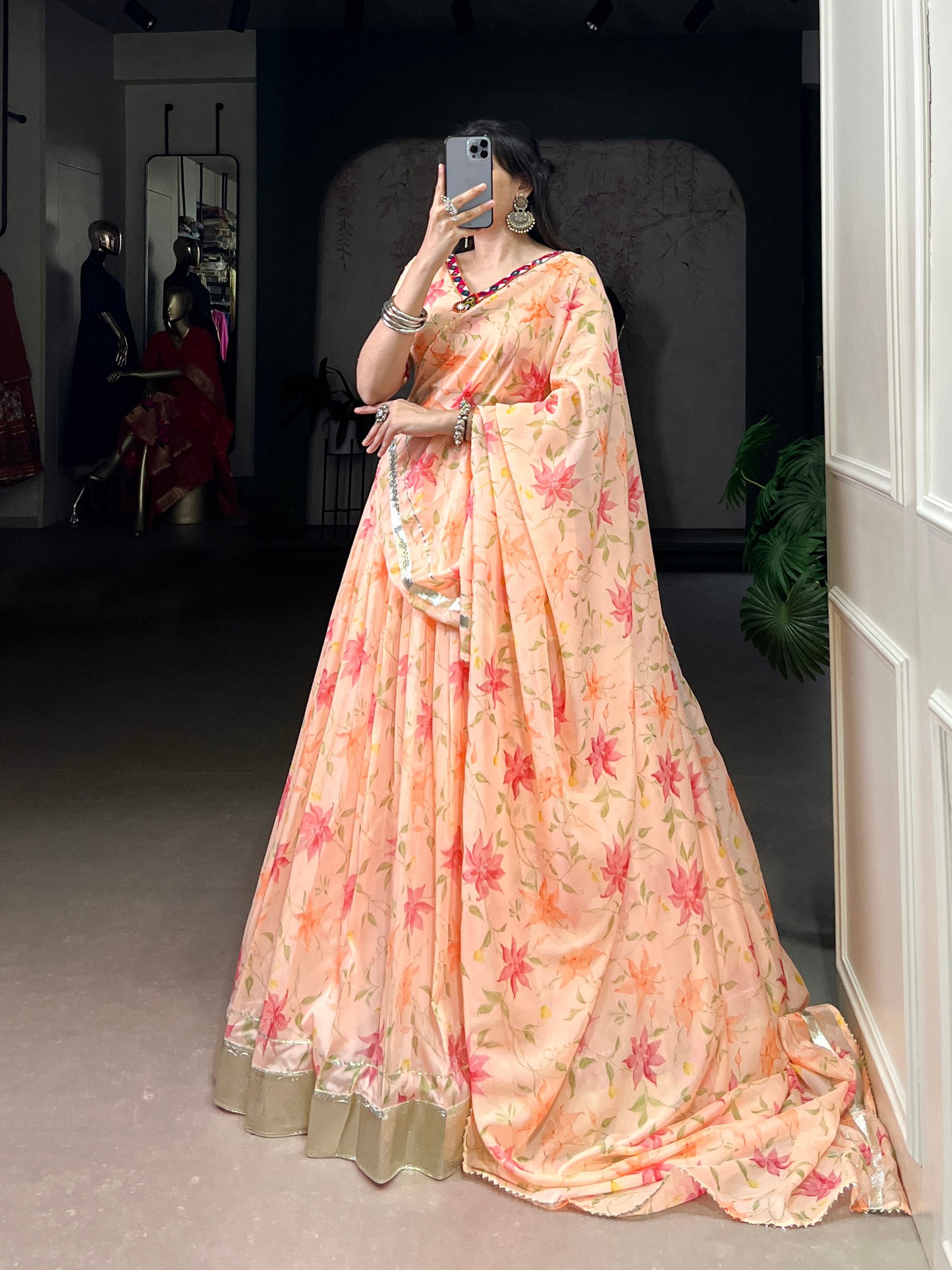 Trendy Peach Floral Lehenga Choli with Dupatta For Traditional Outfit