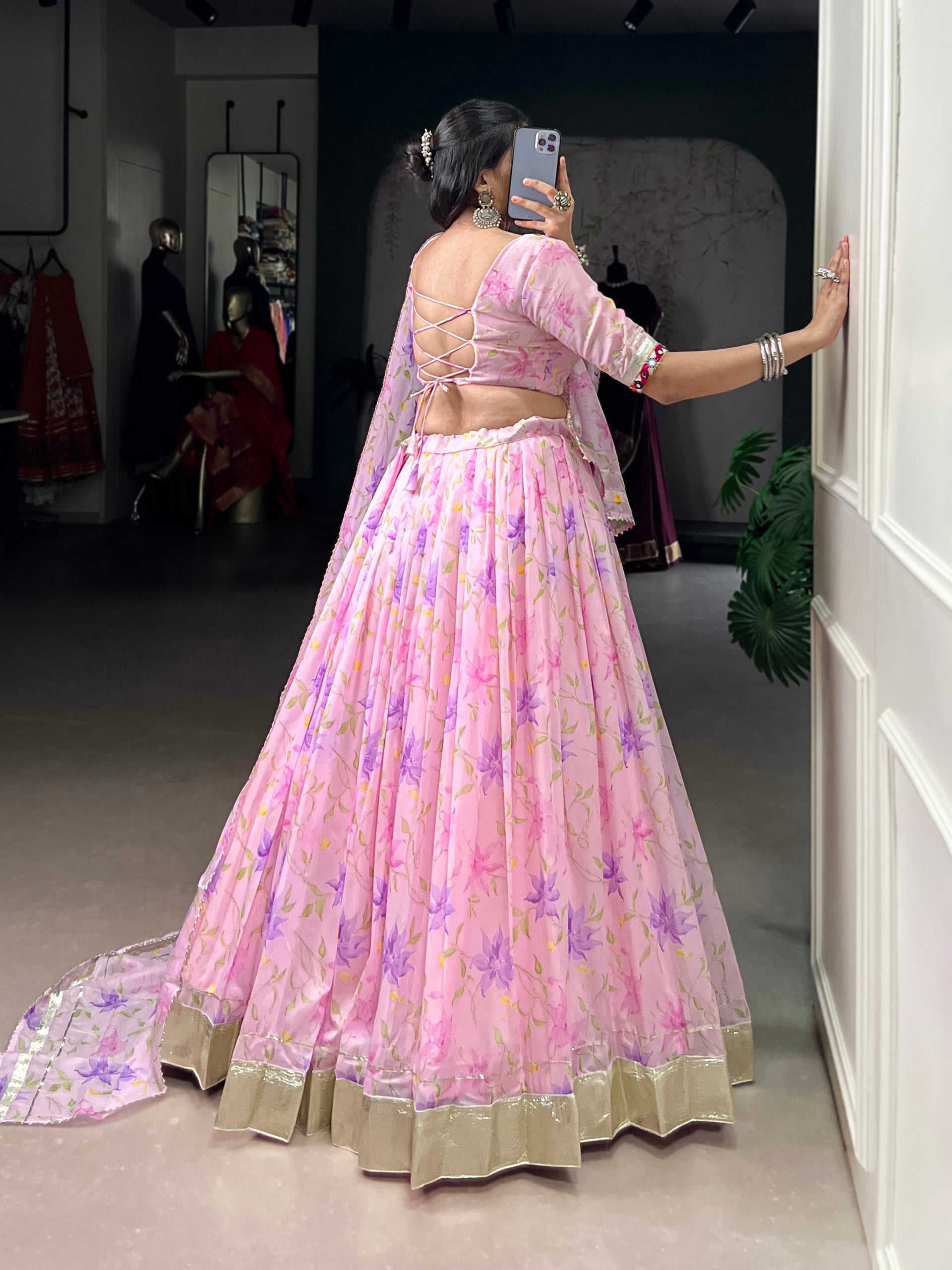 Trendy Peach Floral Lehenga Choli with Dupatta For Traditional Outfit