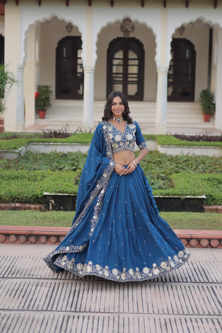 Regal Blue Evening Wear Lehenga with Sequins & Thread Embroidered Work For Spacial Occasions