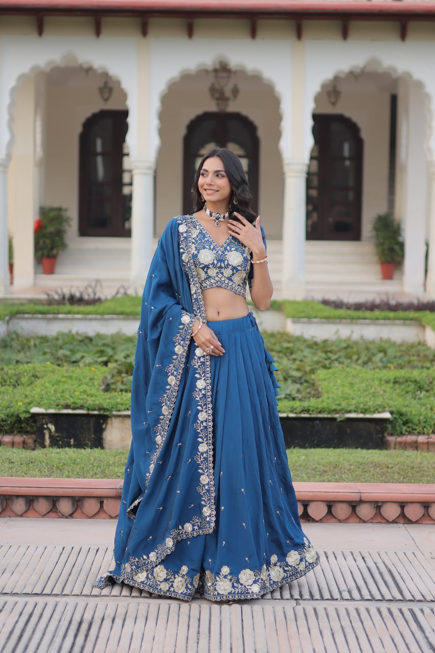 Regal Blue Evening Wear Lehenga with Sequins & Thread Embroidered Work For Spacial Occasions