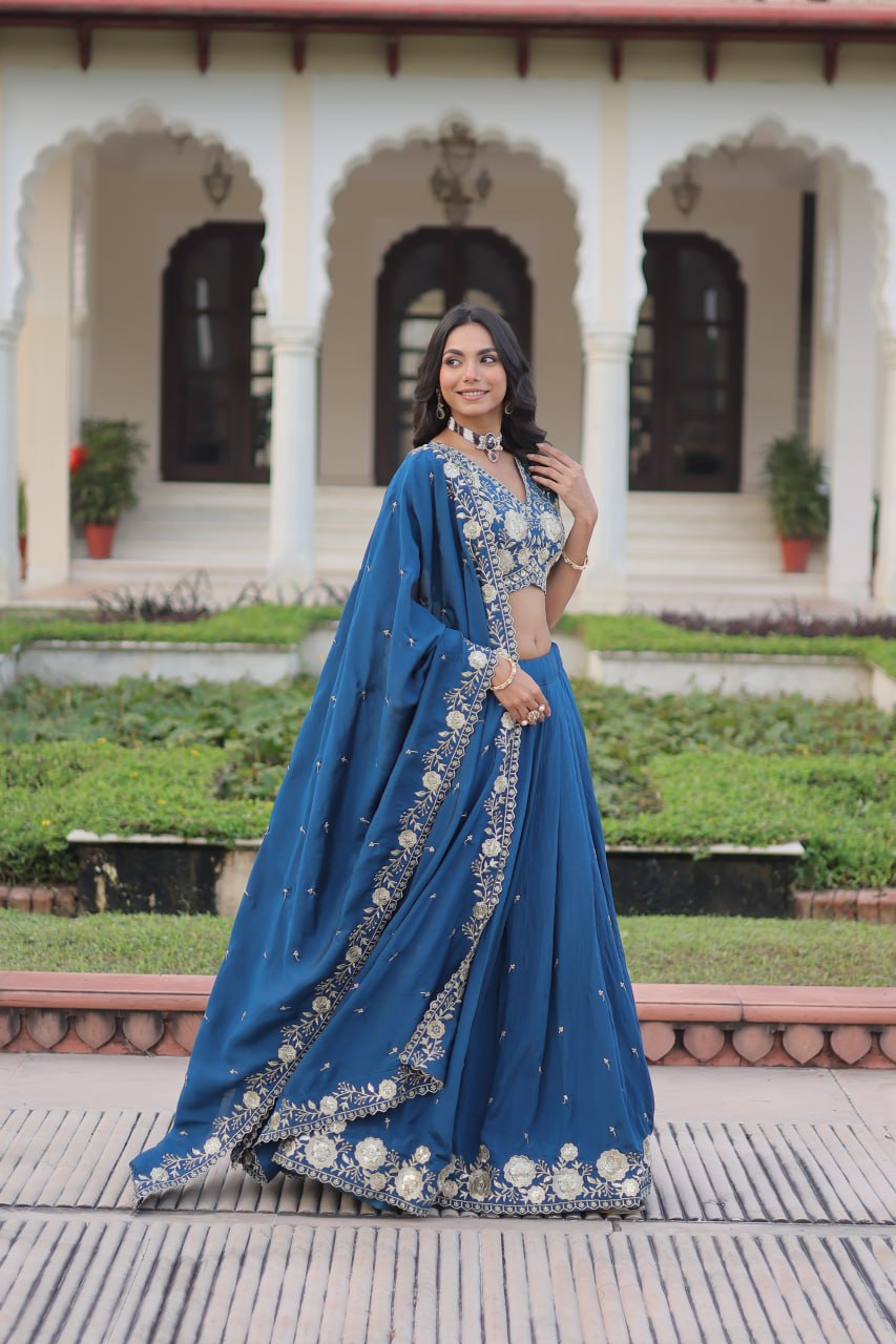 Regal Blue Evening Wear Lehenga with Sequins & Thread Embroidered Work For Spacial Occasions