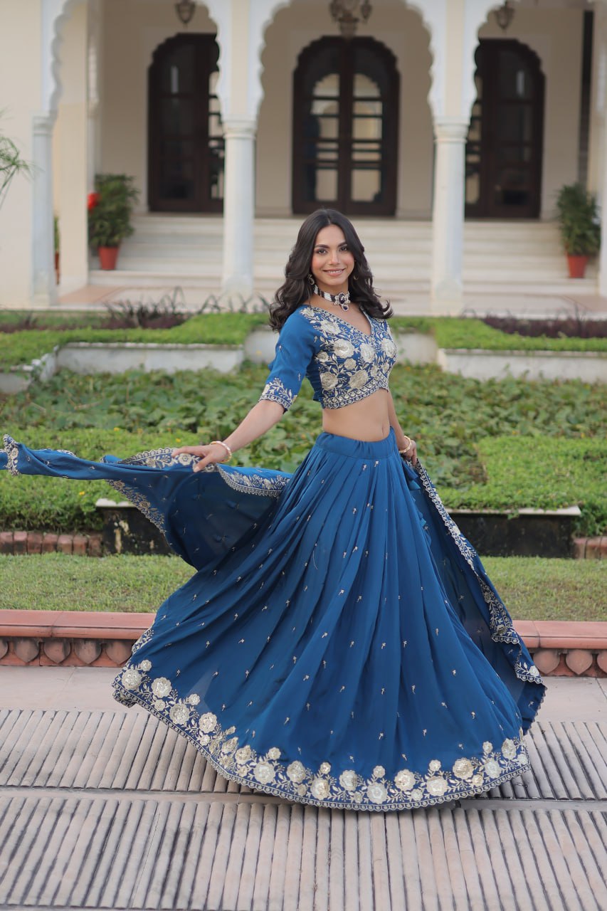 Regal Blue Evening Wear Lehenga with Sequins & Thread Embroidered Work For Spacial Occasions