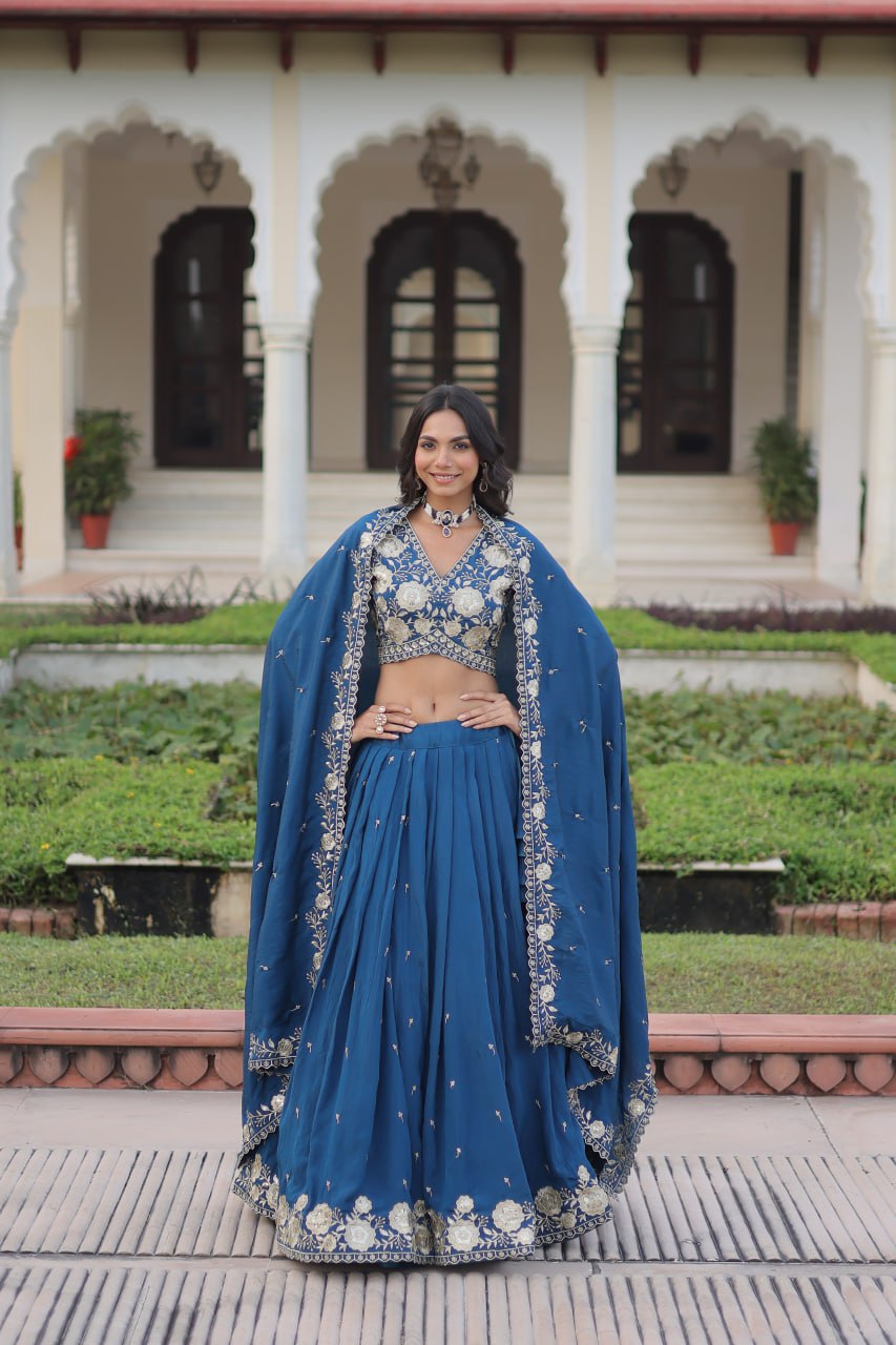 Regal Blue Evening Wear Lehenga with Sequins & Thread Embroidered Work For Spacial Occasions