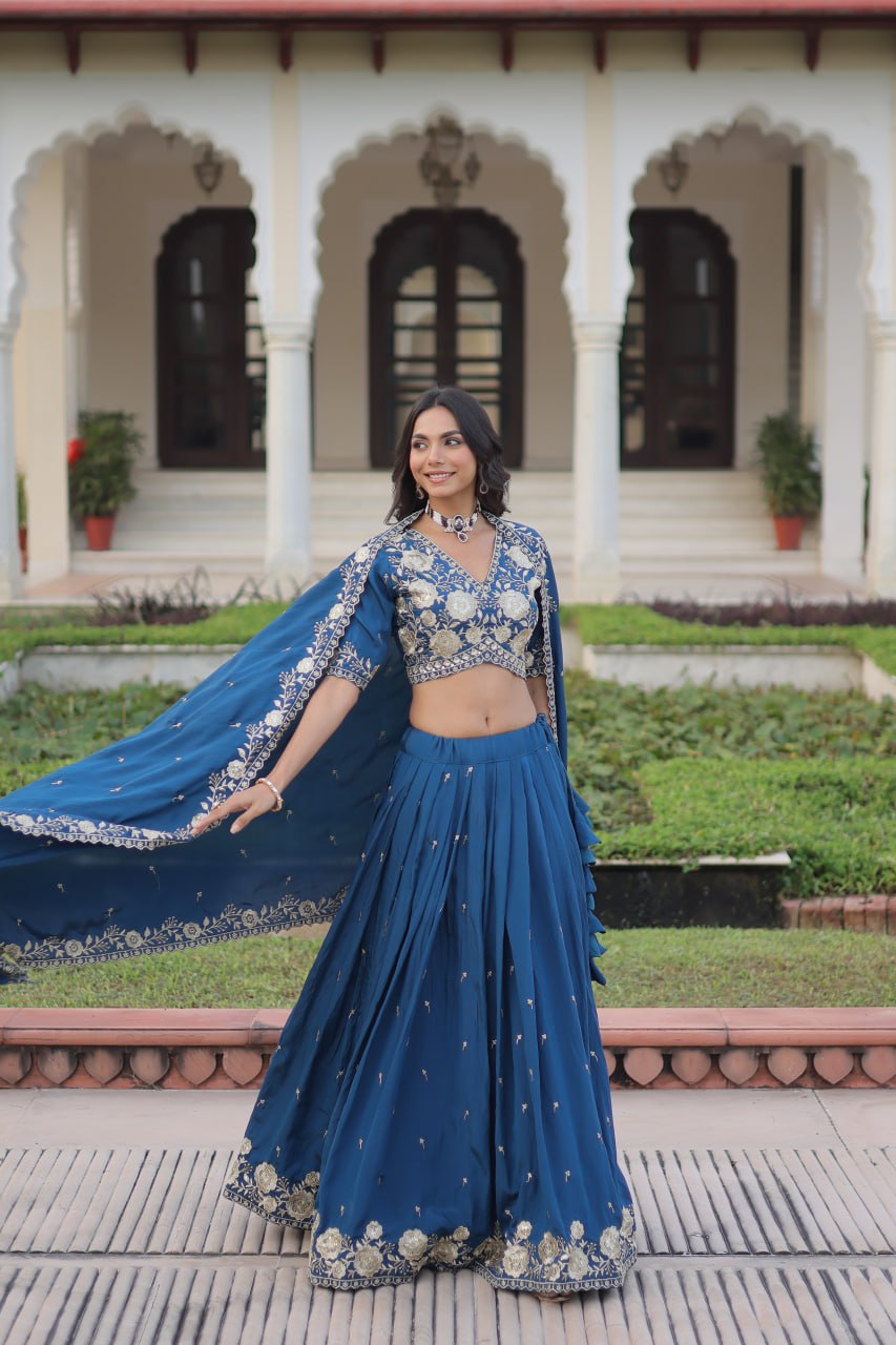 Regal Blue Evening Wear Lehenga with Sequins & Thread Embroidered Work For Spacial Occasions