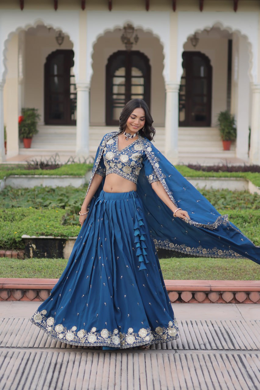 Regal Blue Evening Wear Lehenga with Sequins & Thread Embroidered Work For Spacial Occasions