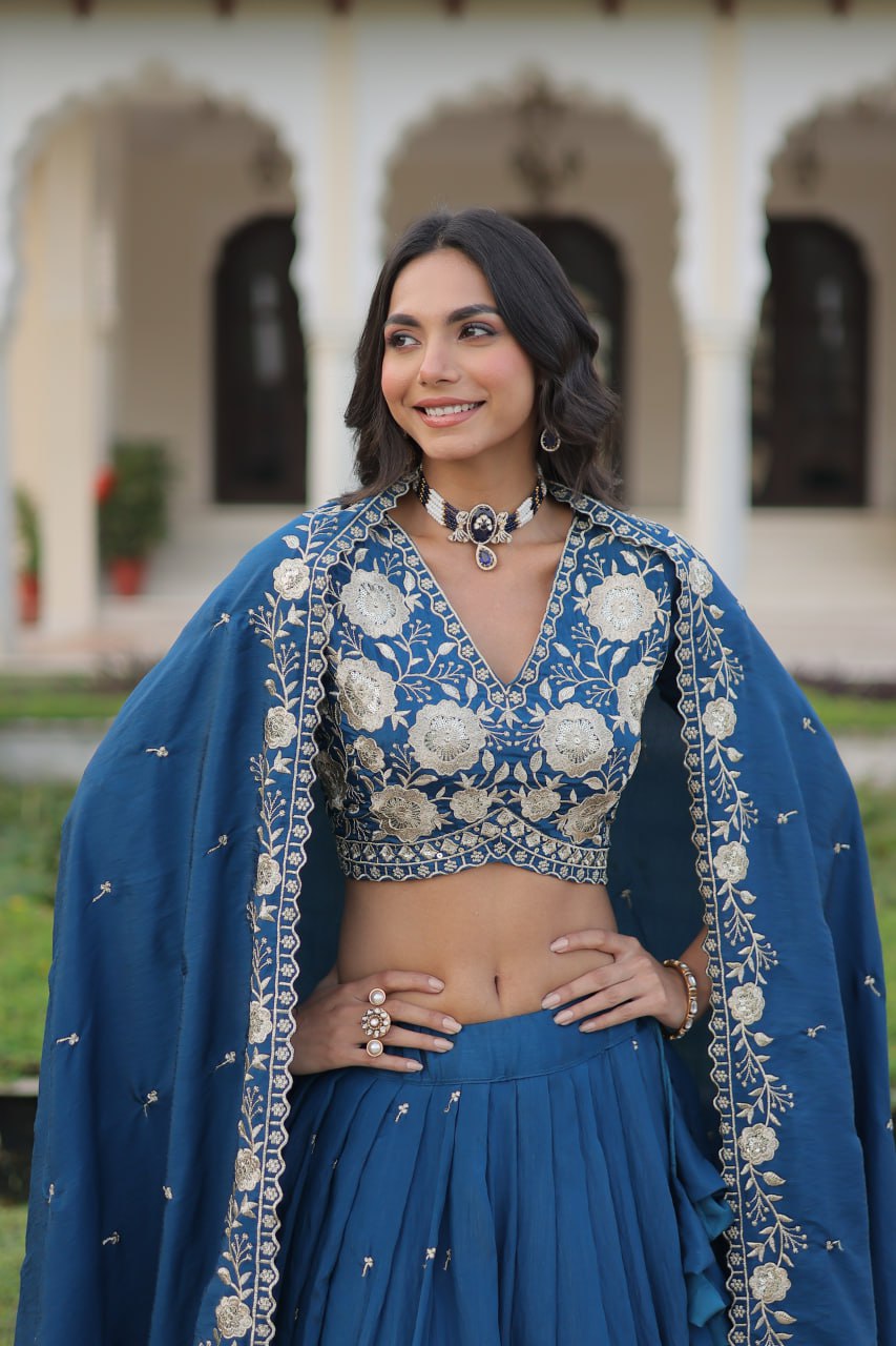 Regal Blue Evening Wear Lehenga with Sequins & Thread Embroidered Work For Spacial Occasions