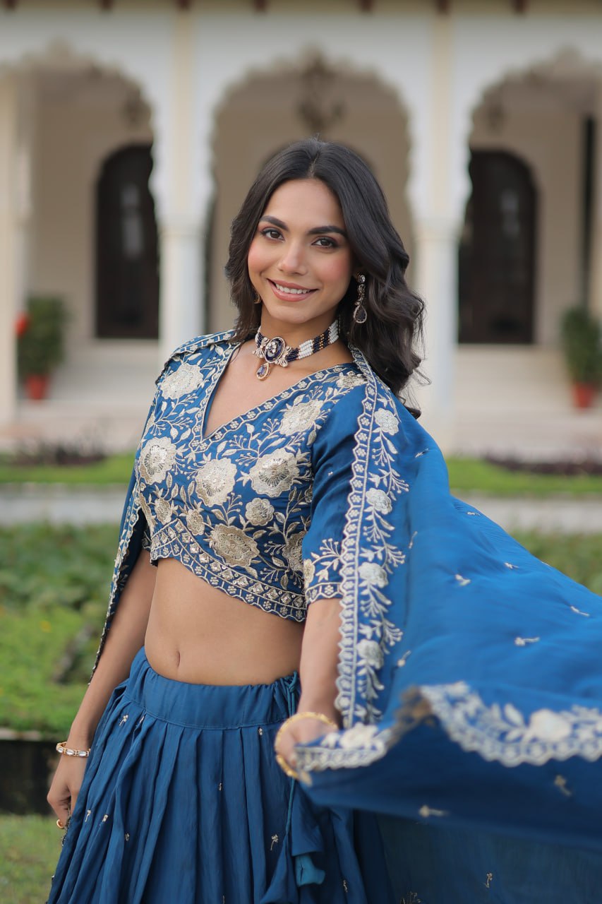 Regal Blue Evening Wear Lehenga with Sequins & Thread Embroidered Work For Spacial Occasions