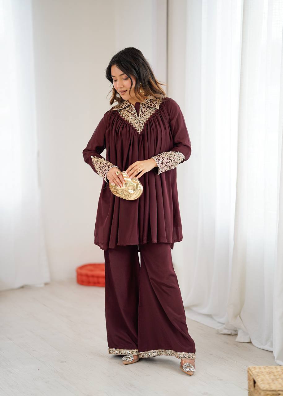 Elegant Coral Embroidered Kurta Set with Palazzo Pants