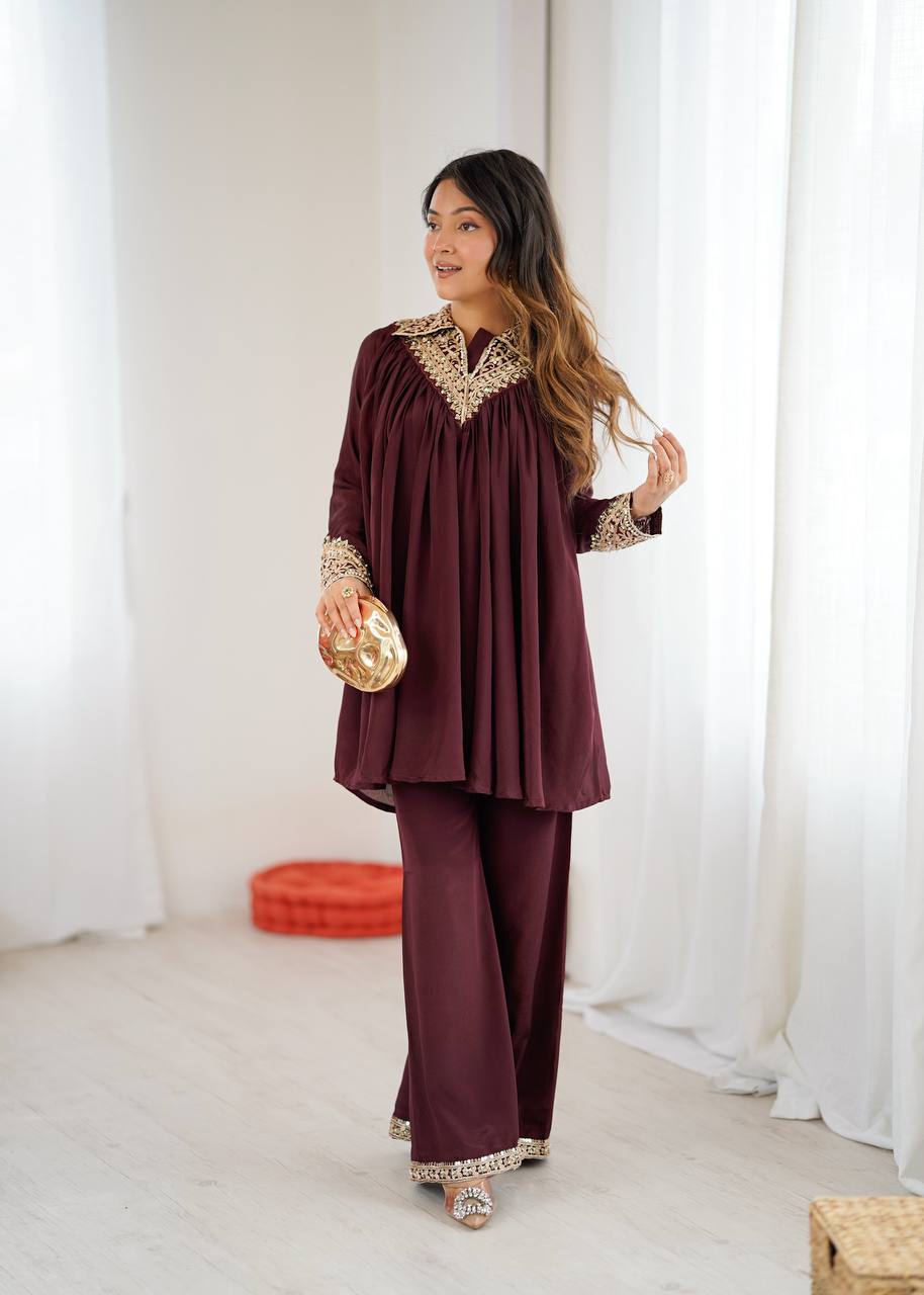 Elegant Coral Embroidered Kurta Set with Palazzo Pants