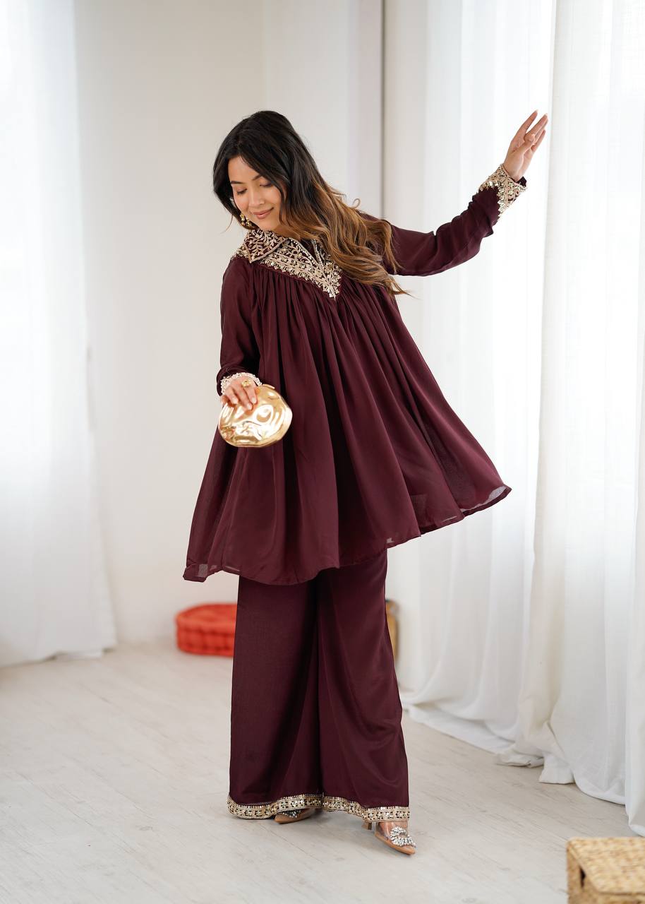 Elegant Coral Embroidered Kurta Set with Palazzo Pants