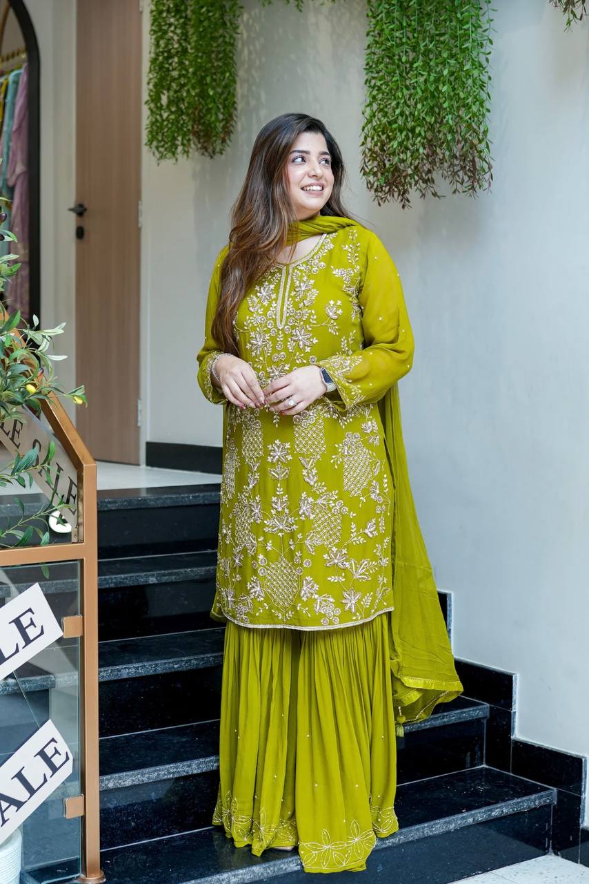 Festive Mustard Green Kurta Sharara Set with Intricate Embroidery Work