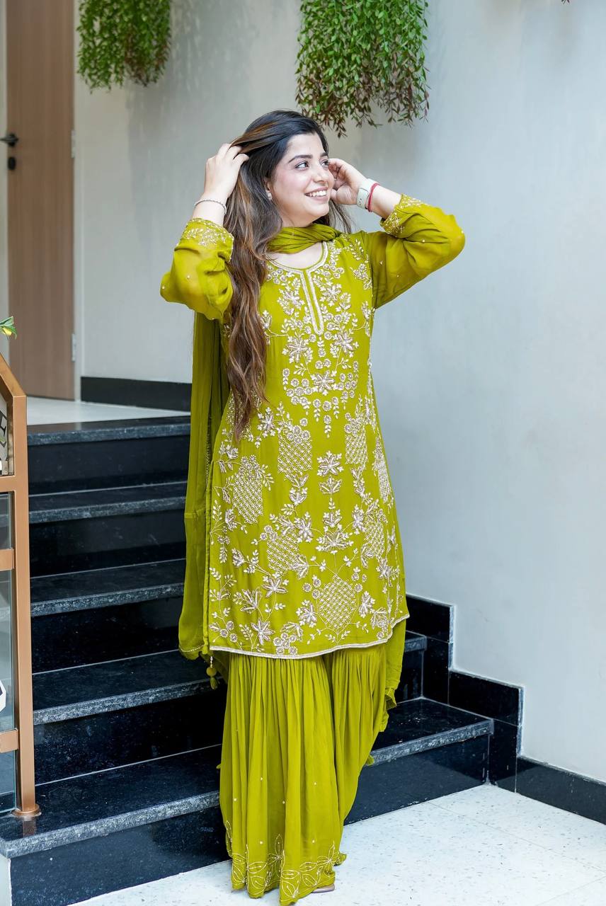 Festive Mustard Green Kurta Sharara Set with Intricate Embroidery Work
