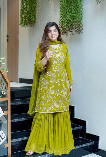 Festive Mustard Green Kurta Sharara Set with Intricate Embroidery Work