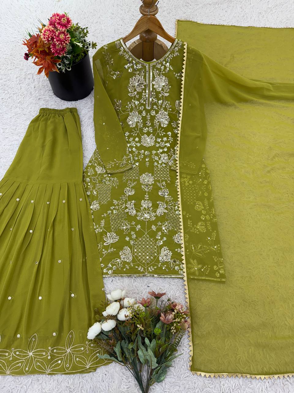 Festive Mustard Green Kurta Sharara Set with Intricate Embroidery Work