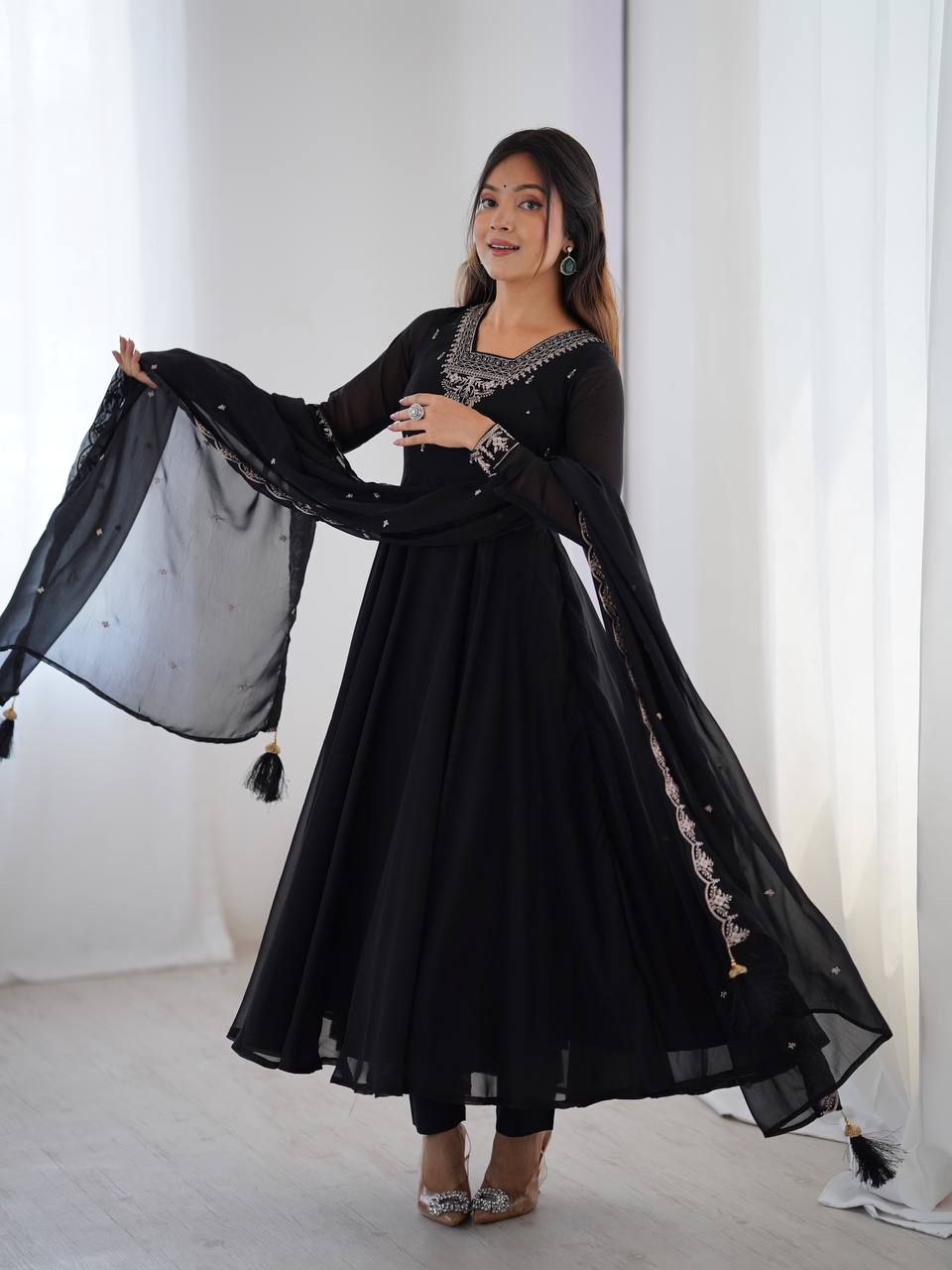 Majestic Black Beads Work Georgette Festive Wear Anarkali Suit