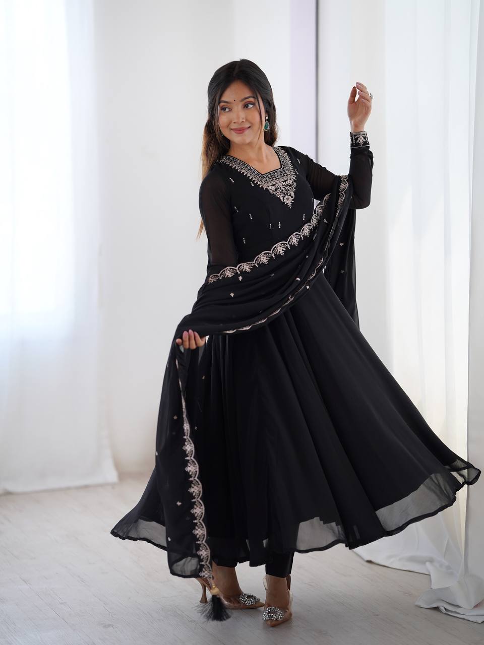 Majestic Black Beads Work Georgette Festive Wear Anarkali Suit