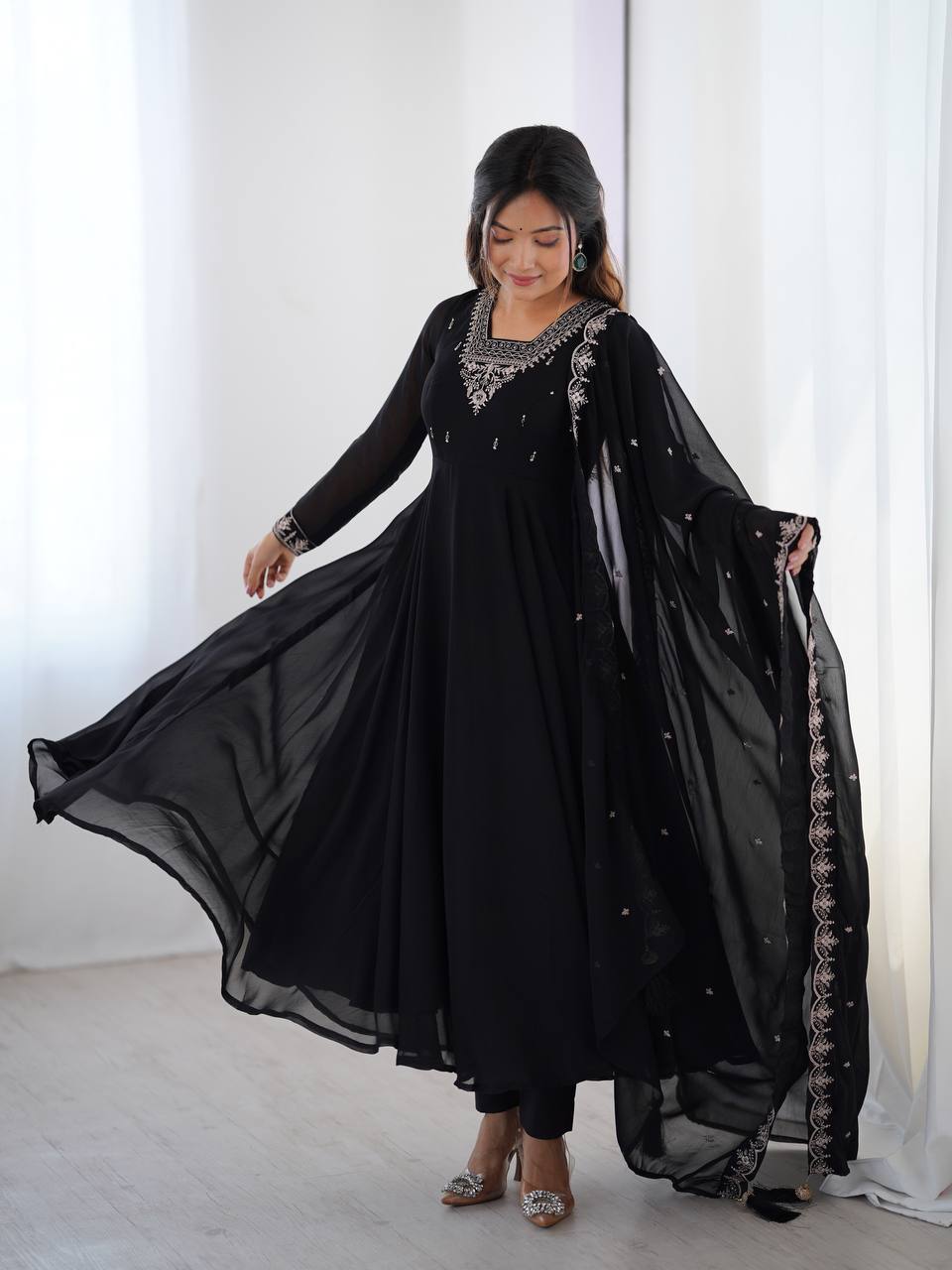 Majestic Black Beads Work Georgette Festive Wear Anarkali Suit