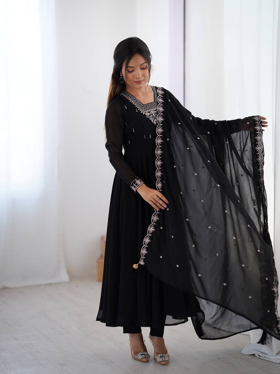 Majestic Black Beads Work Georgette Festive Wear Anarkali Suit