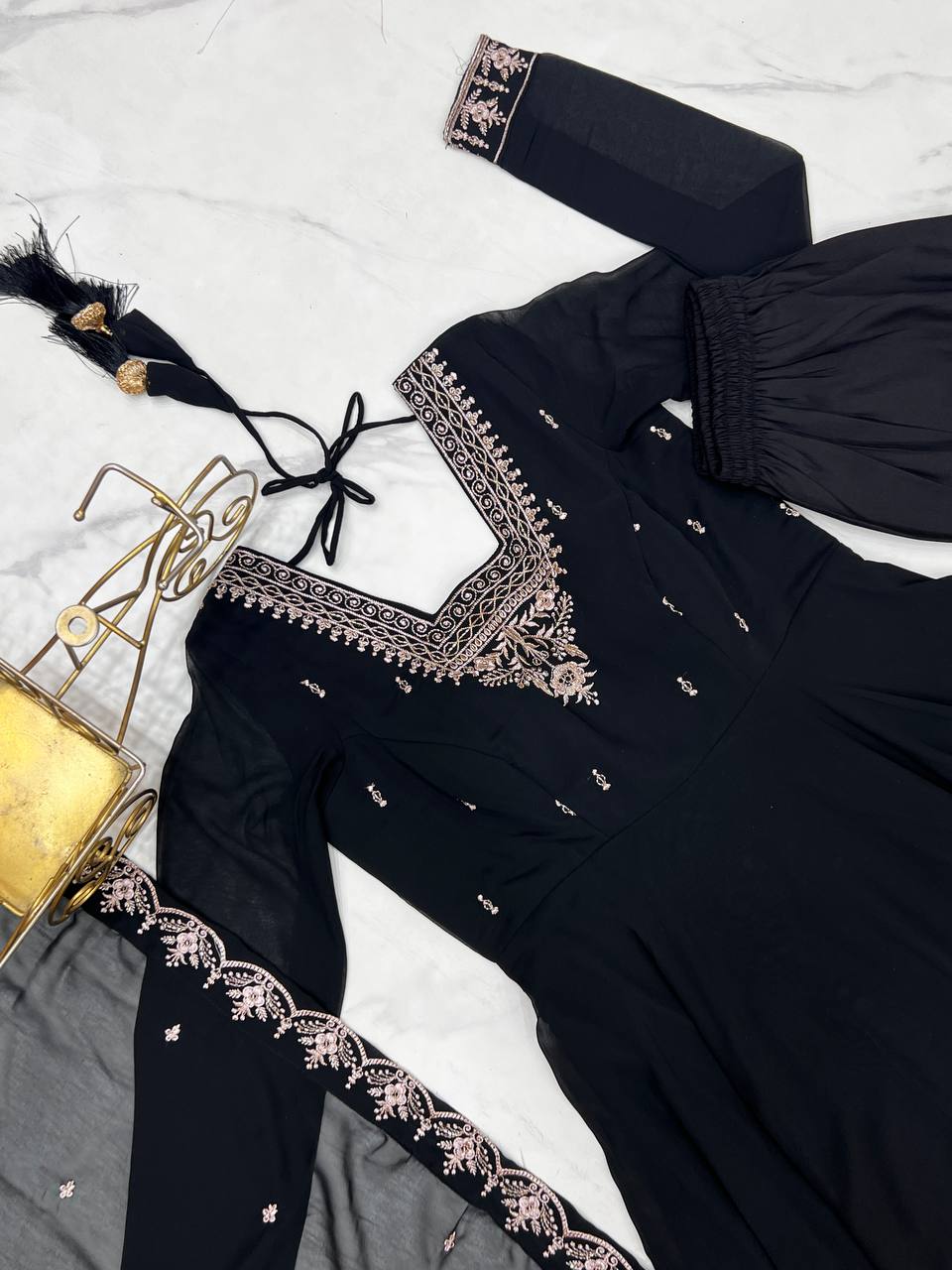 Majestic Black Beads Work Georgette Festive Wear Anarkali Suit