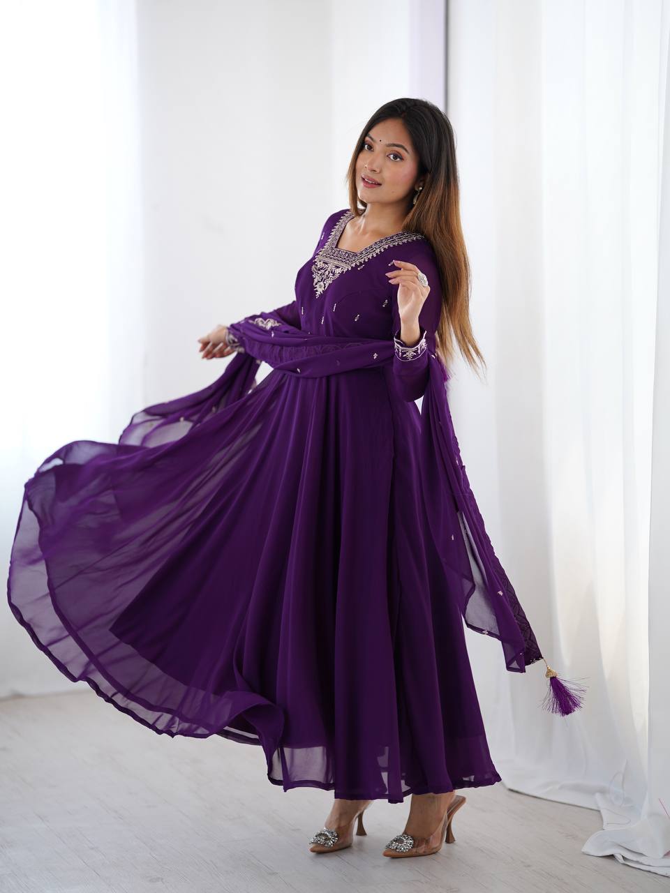 Fabulous Purple Embroidered Georgette Anarkali Suit With Dupatta