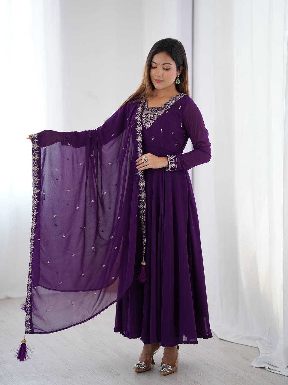 Fabulous Purple Embroidered Georgette Anarkali Suit With Dupatta