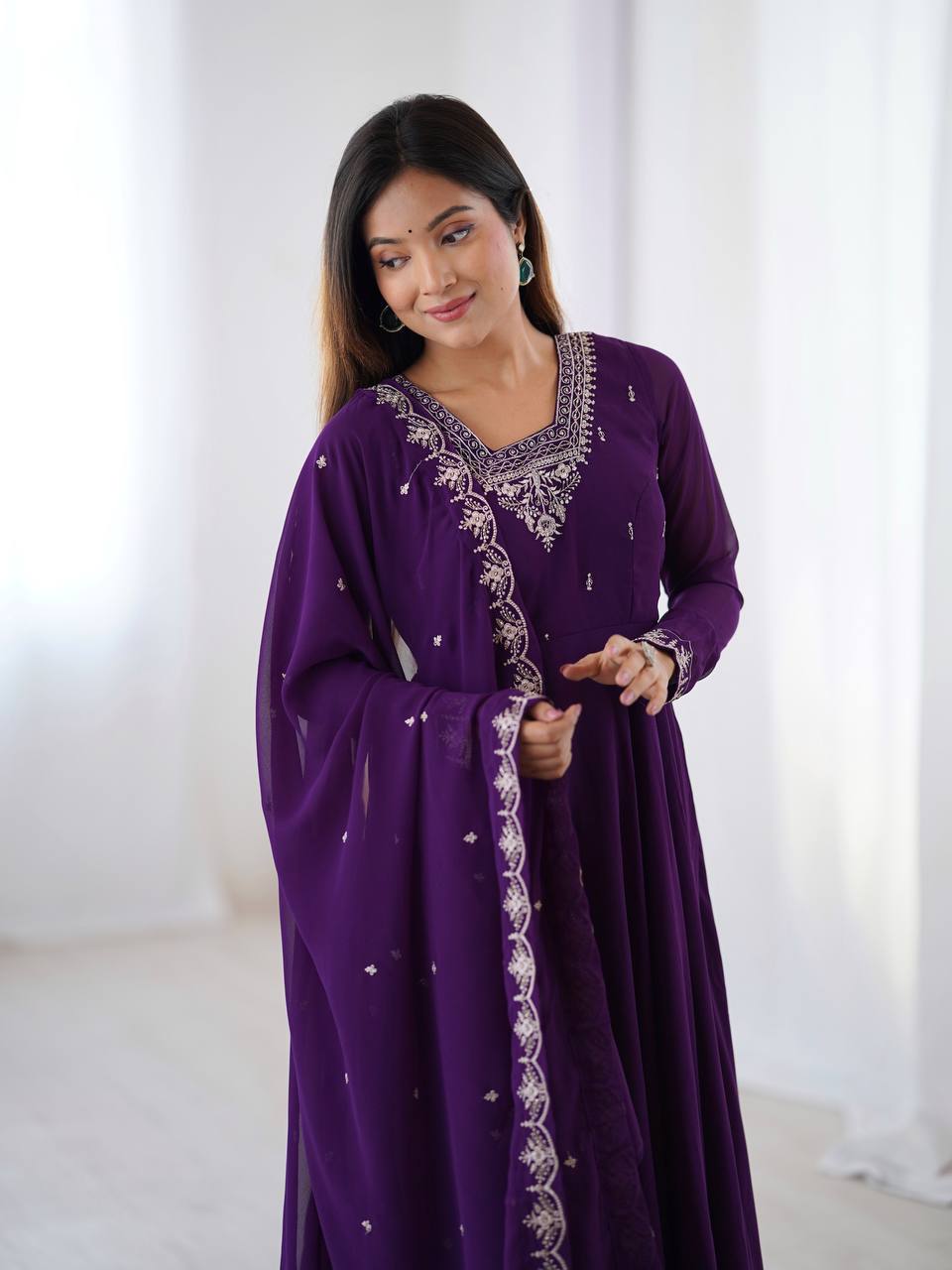 Fabulous Purple Embroidered Georgette Anarkali Suit With Dupatta