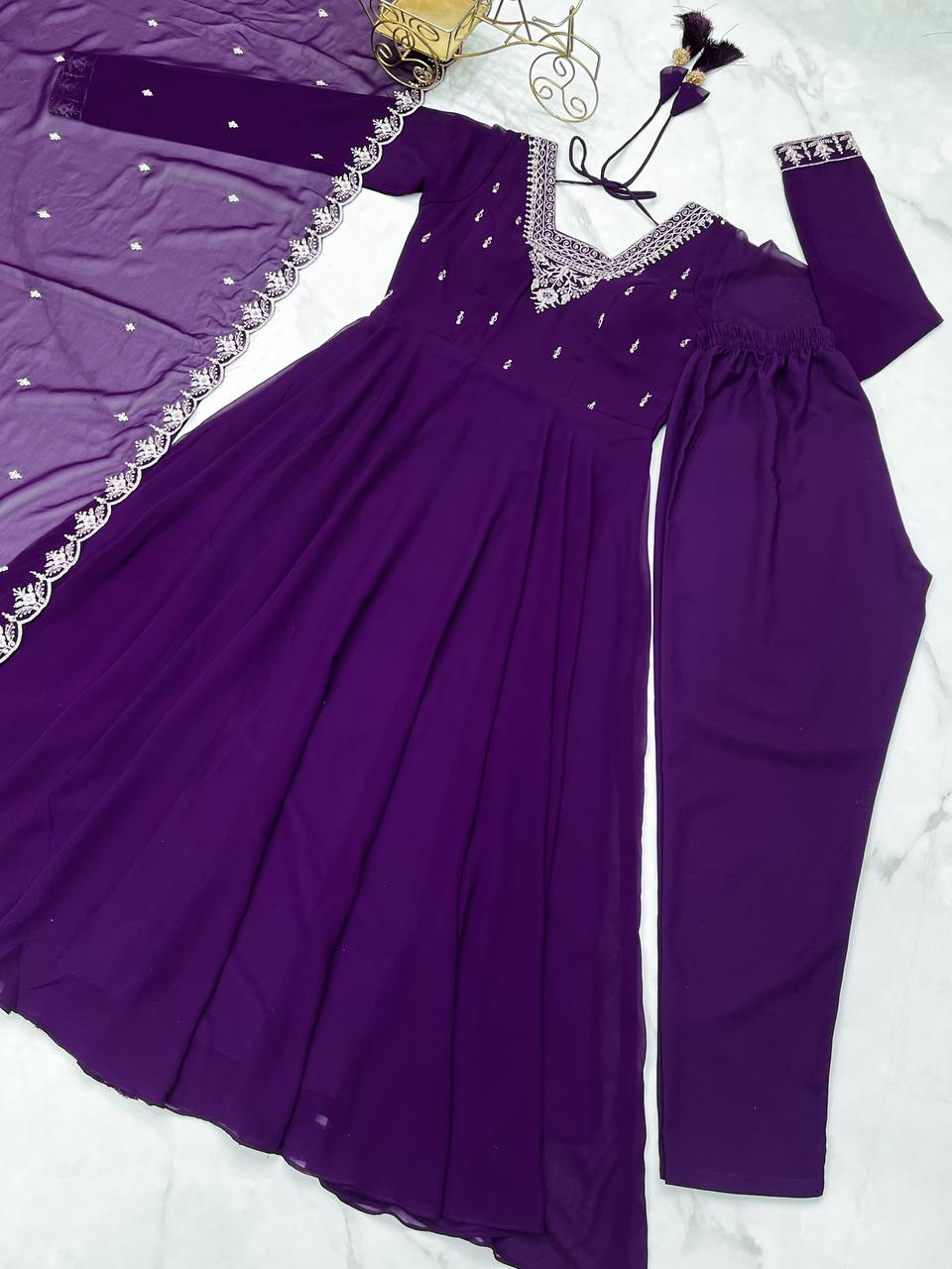Fabulous Purple Embroidered Georgette Anarkali Suit With Dupatta