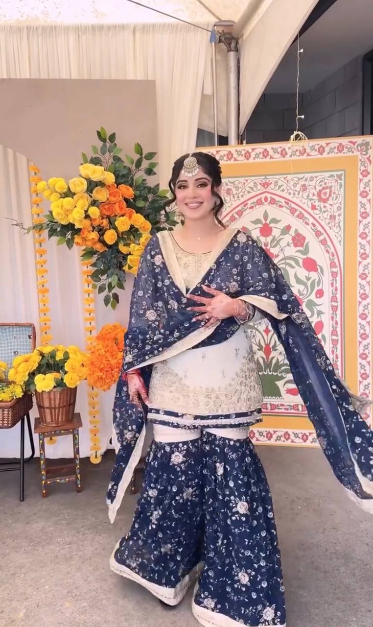 Ivory & Navy Blue Embroidered Kurta Set with Dupatta For Festive Wear