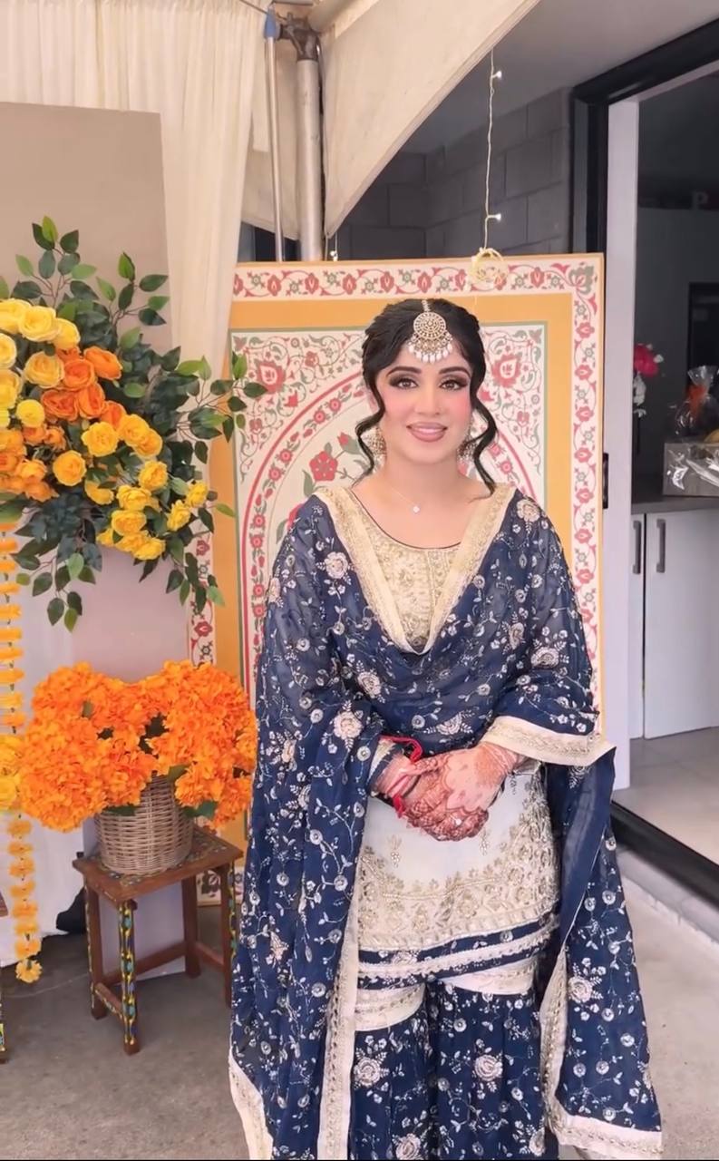 Ivory & Navy Blue Embroidered Kurta Set with Dupatta For Festive Wear