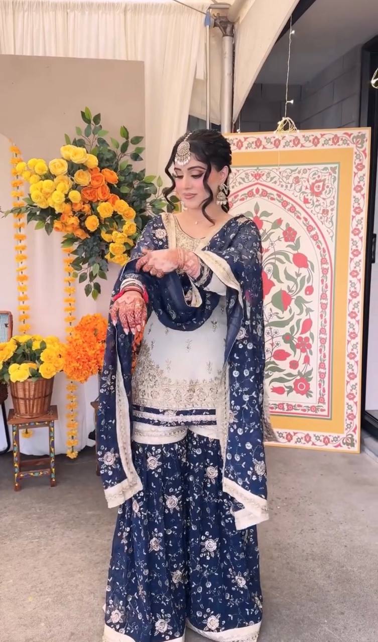 Ivory & Navy Blue Embroidered Kurta Set with Dupatta For Festive Wear