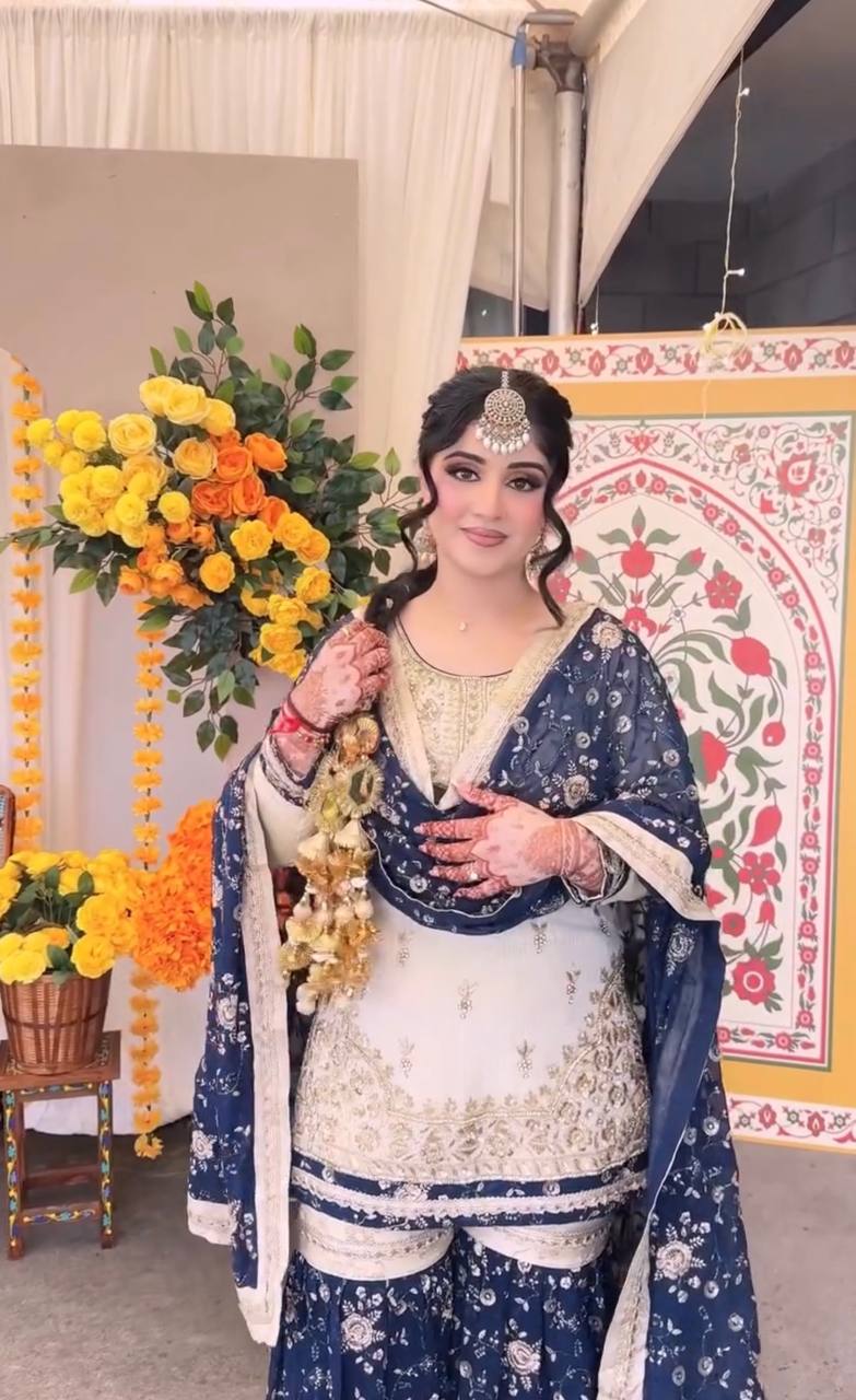 Ivory & Navy Blue Embroidered Kurta Set with Dupatta For Festive Wear