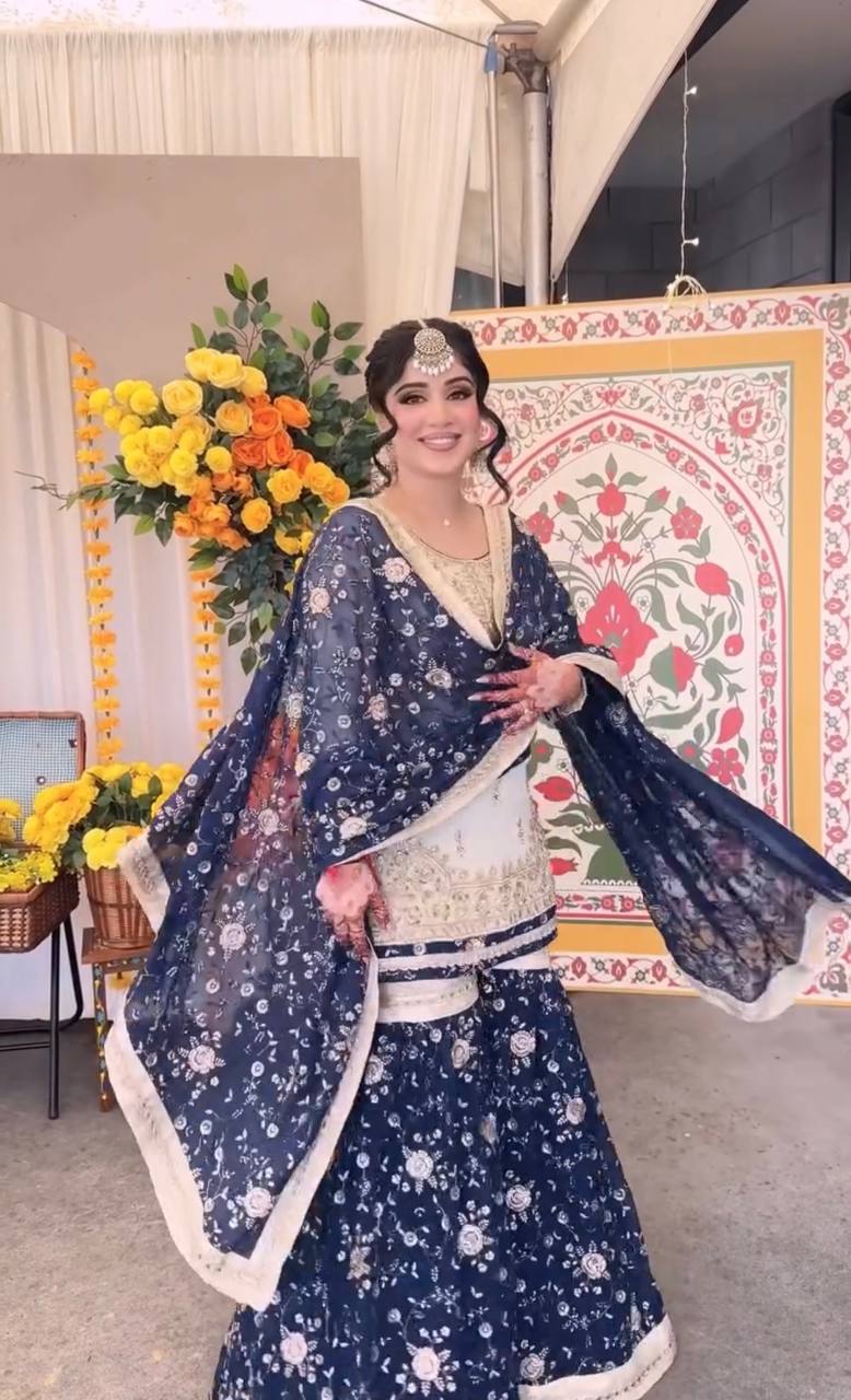 Ivory & Navy Blue Embroidered Kurta Set with Dupatta For Festive Wear