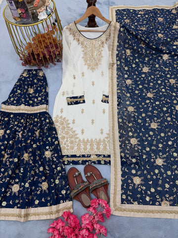 Ivory & Navy Blue Embroidered Kurta Set with Dupatta For Festive Wear