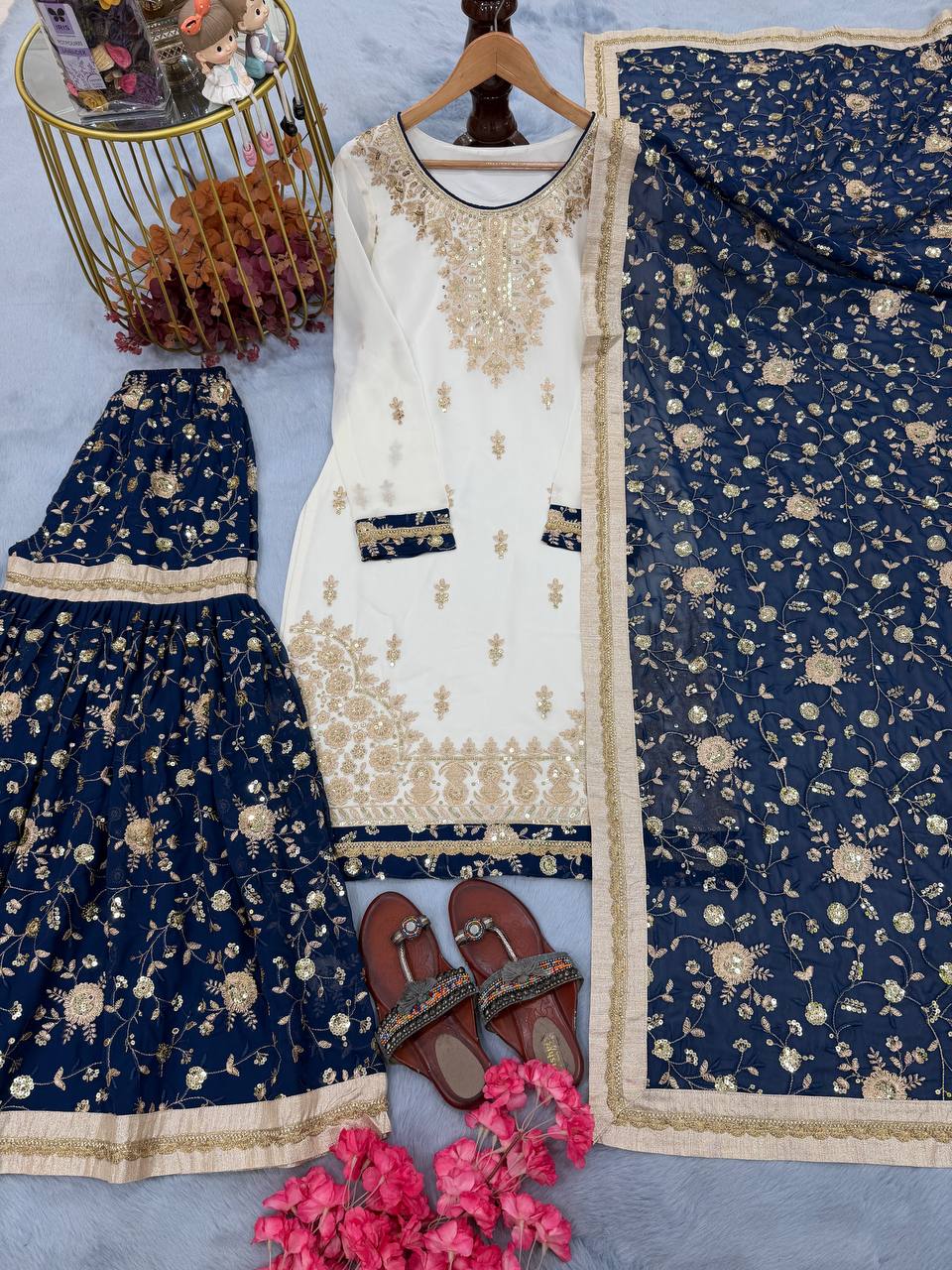 Ivory & Navy Blue Embroidered Kurta Set with Dupatta For Festive Wear