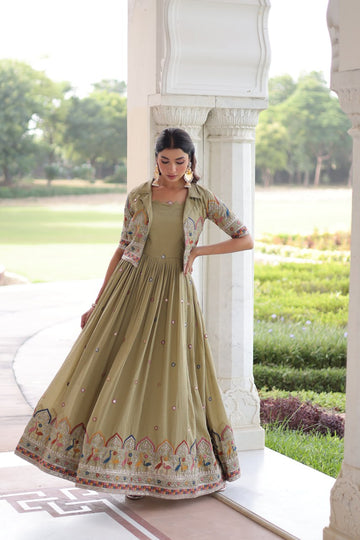 Olive Green Embroidered Anarkali Kurta Set with Jacket For Women
