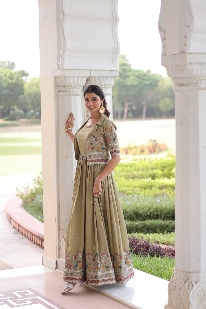 Olive Green Embroidered Anarkali Kurta Set with Jacket For Women