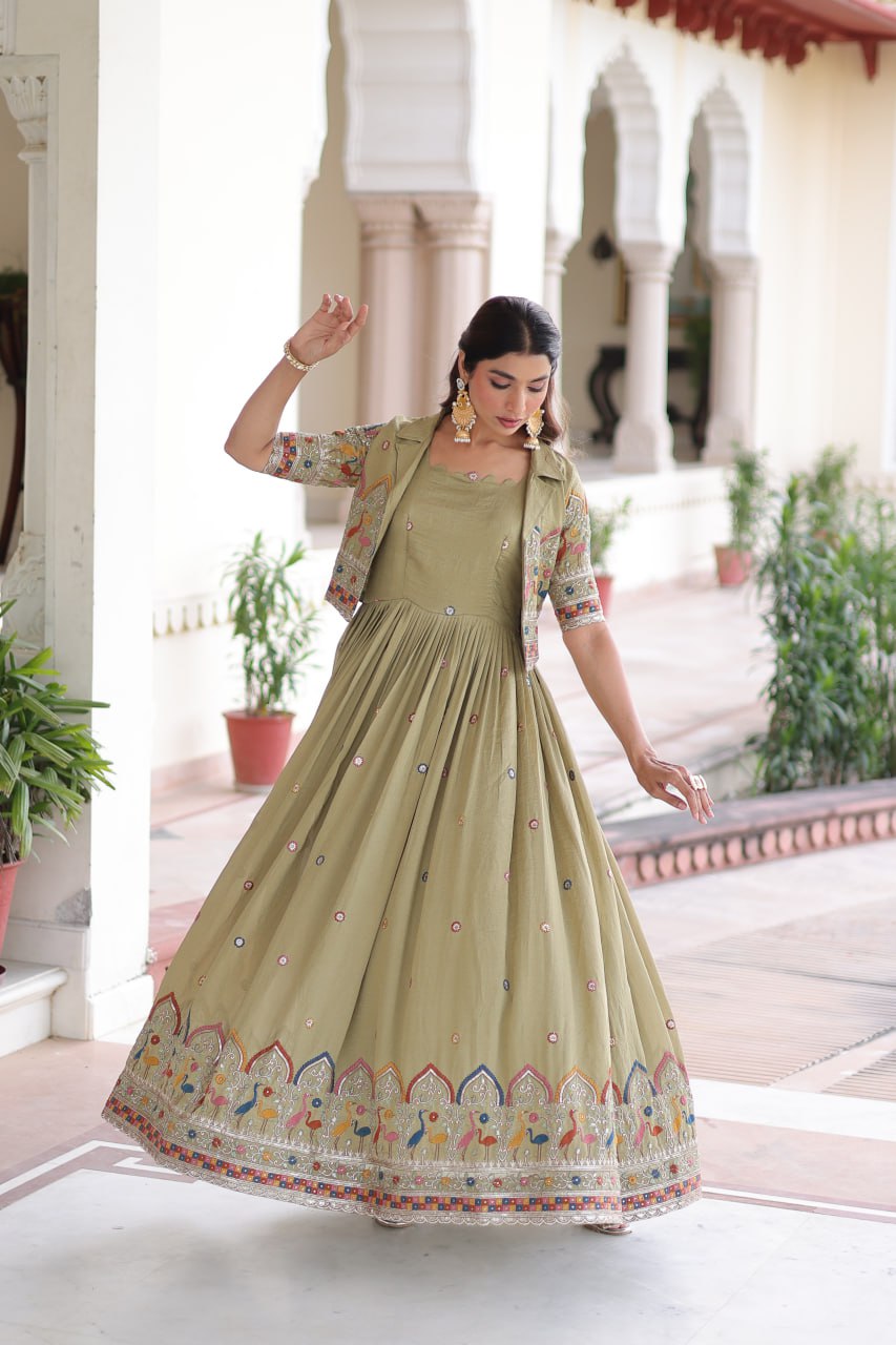 Olive Green Embroidered Anarkali Kurta Set with Jacket For Women