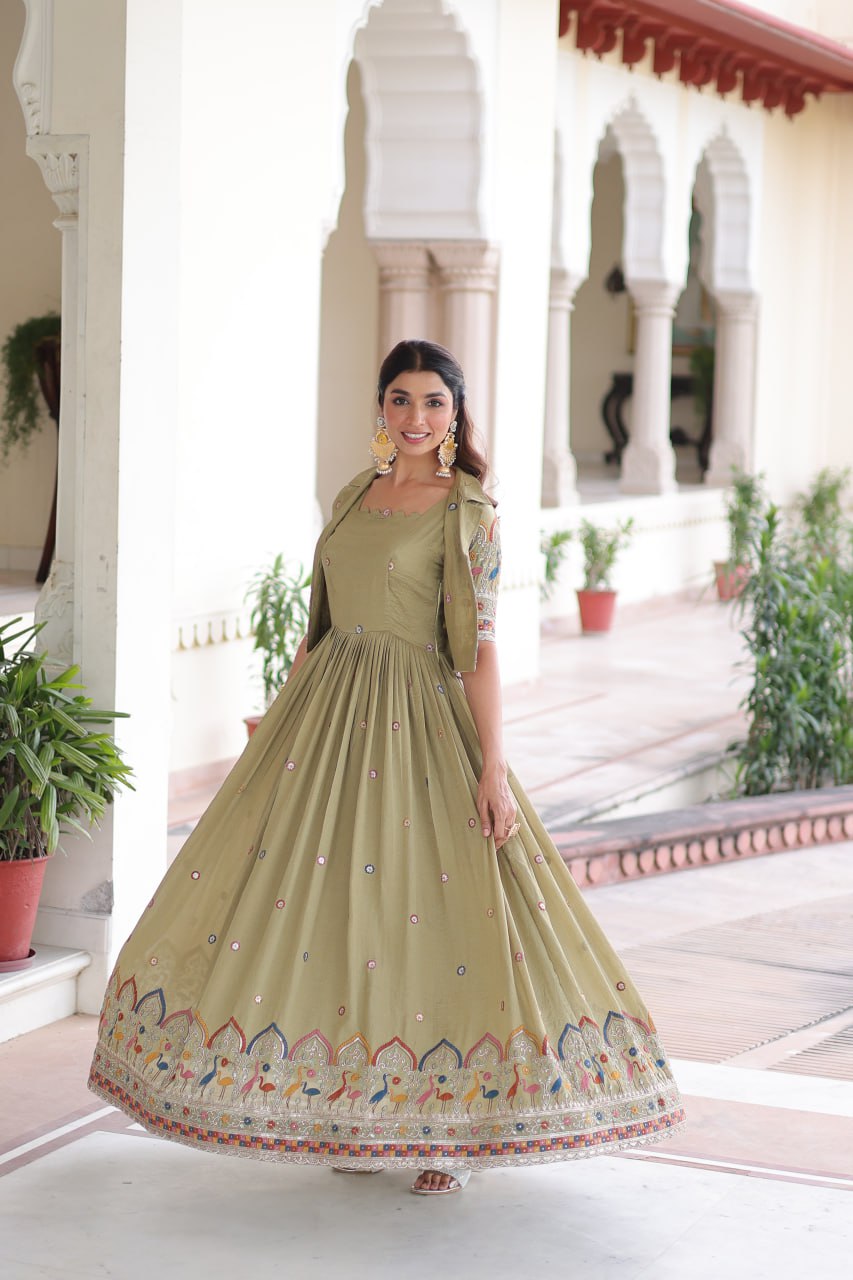 Olive Green Embroidered Anarkali Kurta Set with Jacket For Women