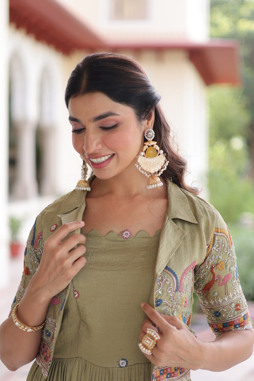 Olive Green Embroidered Anarkali Kurta Set with Jacket For Women