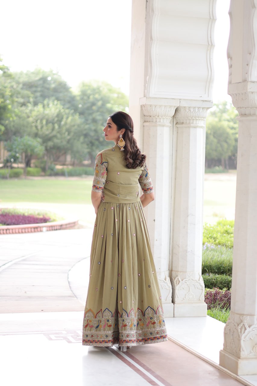 Olive Green Embroidered Anarkali Kurta Set with Jacket For Women