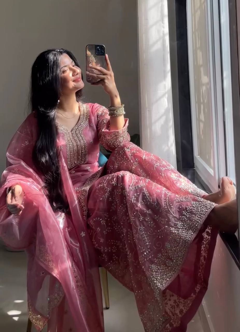 Dusty Rose Pink Embroidered Kurta Palazzo Set with Dupatta For Festive Wear@#$%^&*(12345678