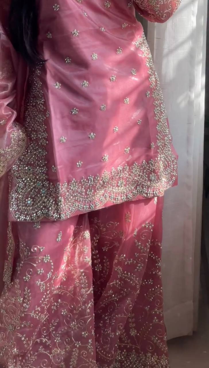 Dusty Rose Pink Embroidered Kurta Palazzo Set with Dupatta For Festive Wear@#$%^&*(12345678