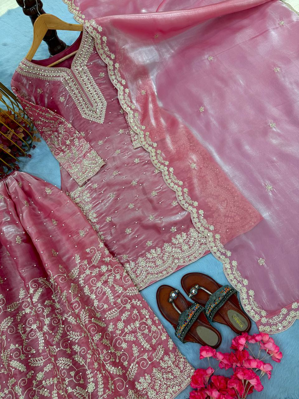 Dusty Rose Pink Embroidered Kurta Palazzo Set with Dupatta For Festive Wear@#$%^&*(12345678