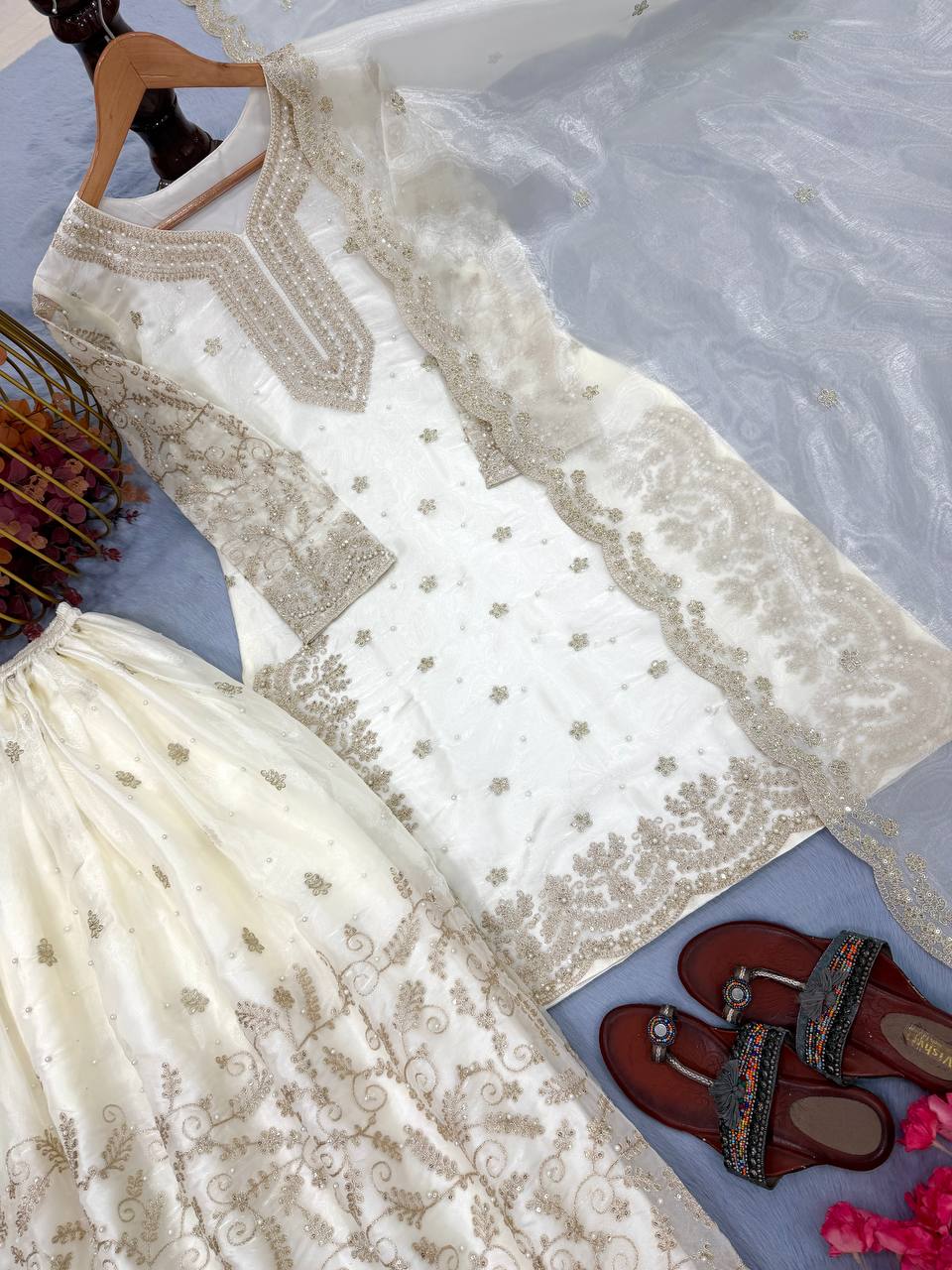 Dusty Rose Pink Embroidered Kurta Palazzo Set with Dupatta For Festive Wear@#$%^&*(12345678