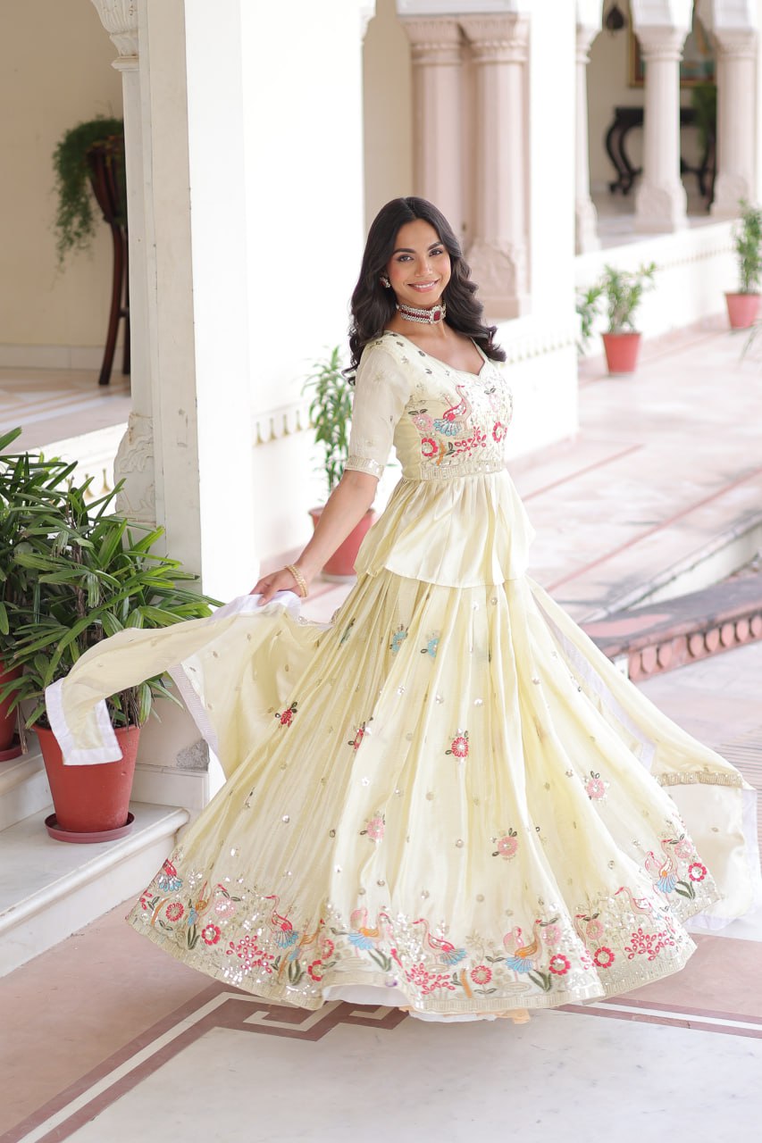 Multi Thread-Embroidered Cream Lehenga Set for Weddings & Functions