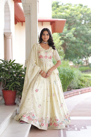 Multi Thread-Embroidered Cream Lehenga Set for Weddings & Functions
