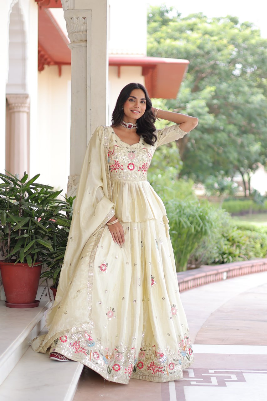 Multi Thread-Embroidered Cream Lehenga Set for Weddings & Functions