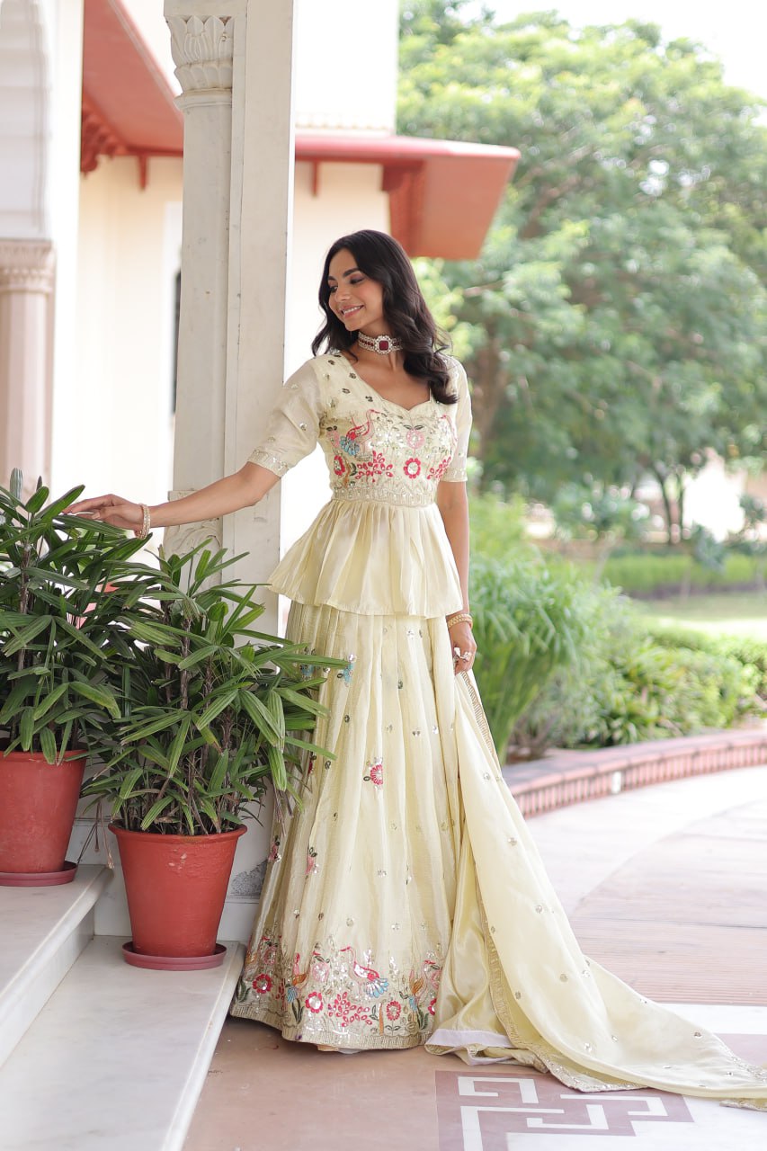 Multi Thread-Embroidered Cream Lehenga Set for Weddings & Functions